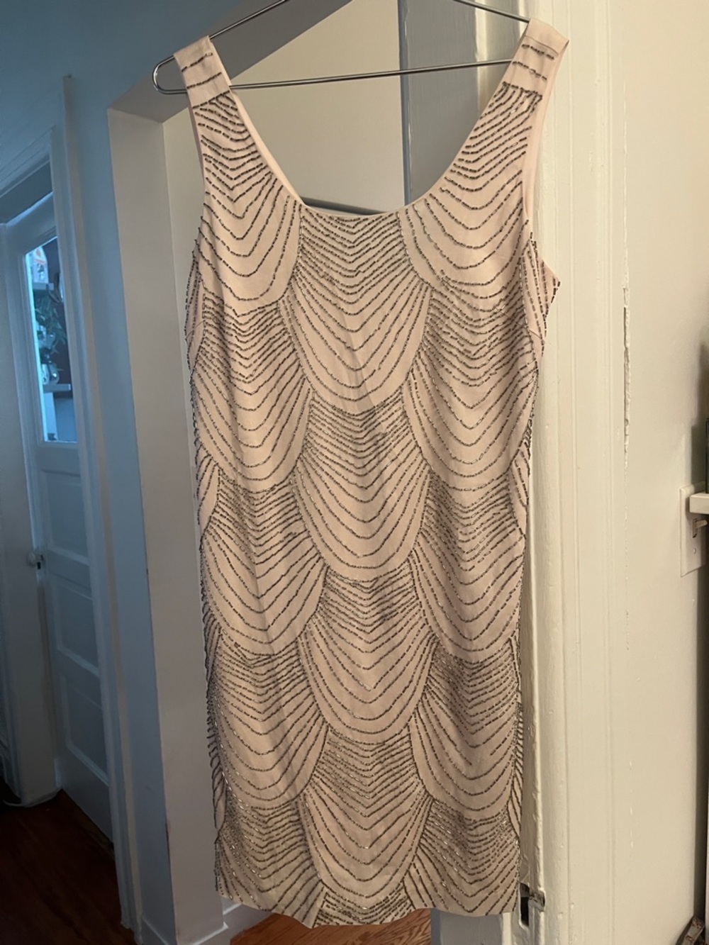 Vintage Fab’rik Sleeveless Beaded Scallop-Pattern Cocktail Dress in Ivory